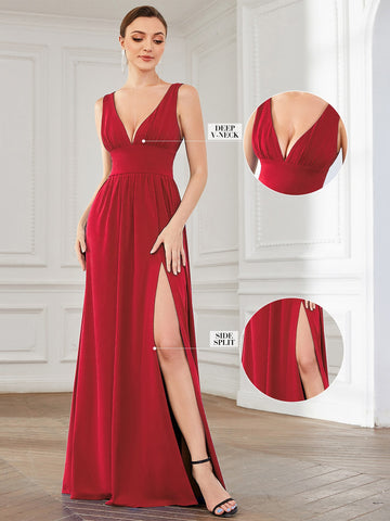 EVER-PRETTY Double V Neck Ruched Split Thigh Chiffon Formal Dress