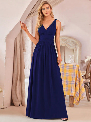 EVER-PRETTY Double V Neck Ruched Waist Chiffon Bridesmaid Dress