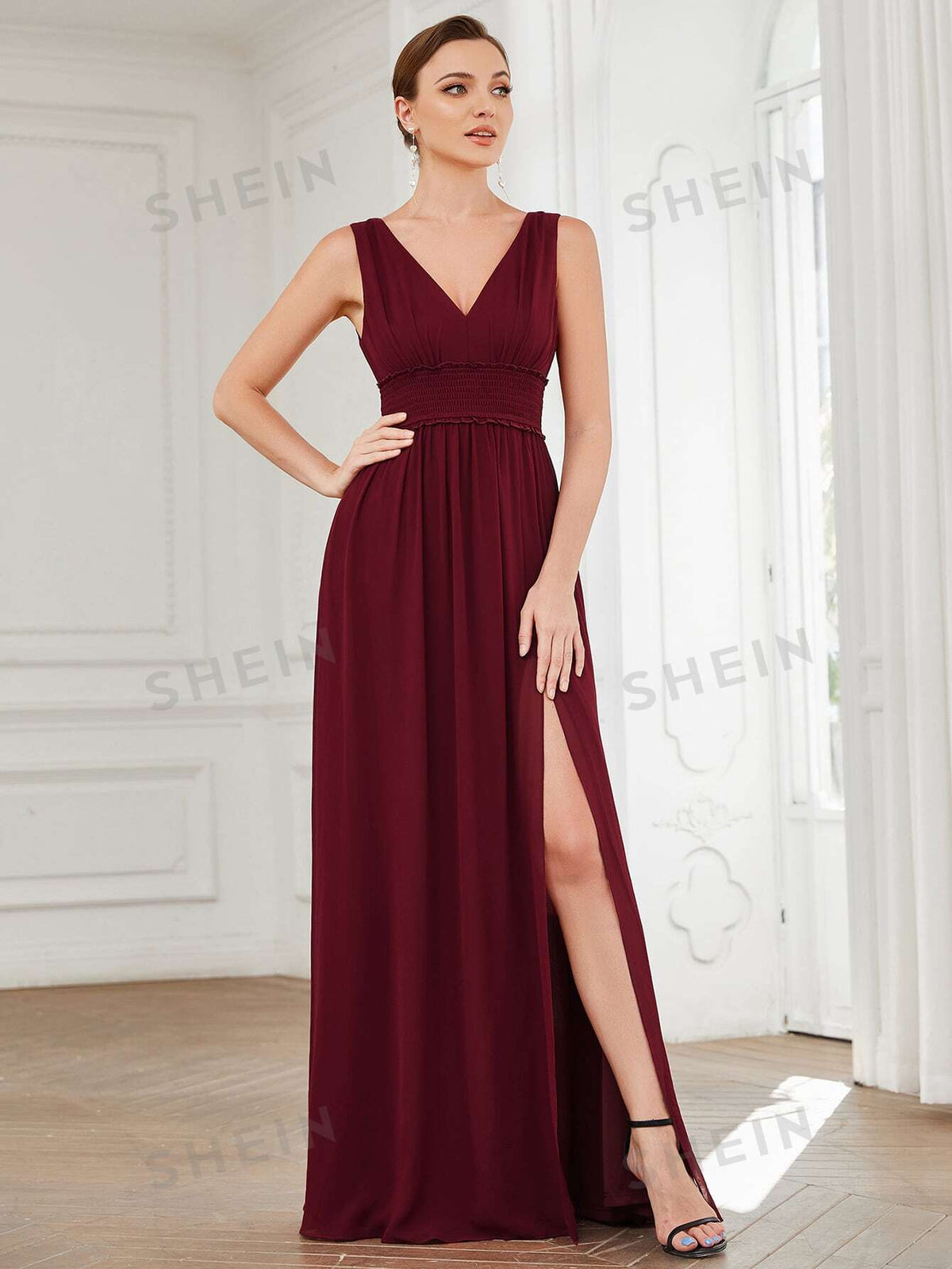 EVER-PRETTY Double V Neck Split Thigh Bridesmaid Dress