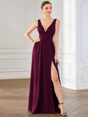 EVER-PRETTY Double V Neck Split Thigh Bridesmaid Dress