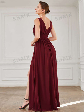 EVER-PRETTY Double V Neck Split Thigh Bridesmaid Dress