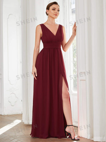 EVER-PRETTY Double V Neck Split Thigh Bridesmaid Dress