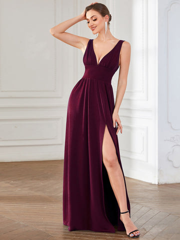EVER-PRETTY Double V Neck Split Thigh Bridesmaid Dress