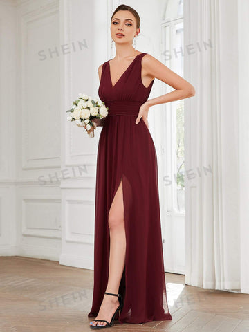 EVER-PRETTY Double V Neck Split Thigh Bridesmaid Dress