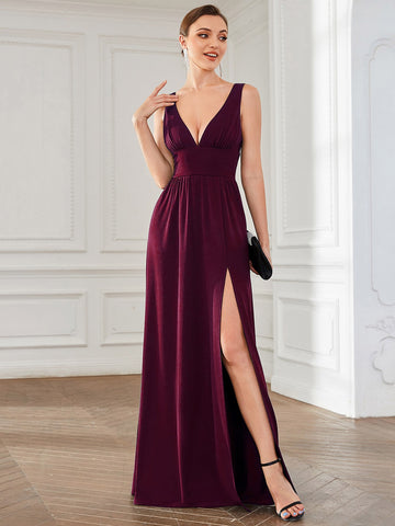 EVER-PRETTY Double V Neck Split Thigh Bridesmaid Dress