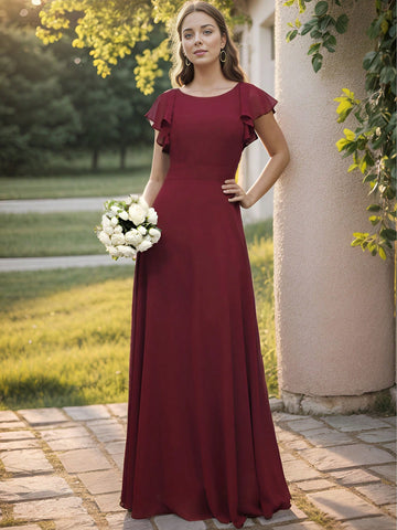 EVER-PRETTY Elegant Backless Tie Strap Ruffle Sleeve Bridesmaid Gown