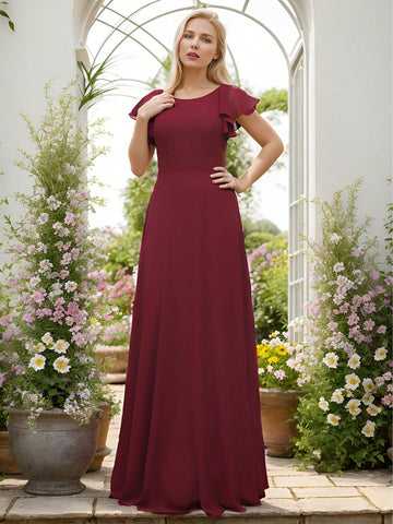 EVER-PRETTY Elegant Backless Tie Strap Ruffle Sleeve Bridesmaid Gown