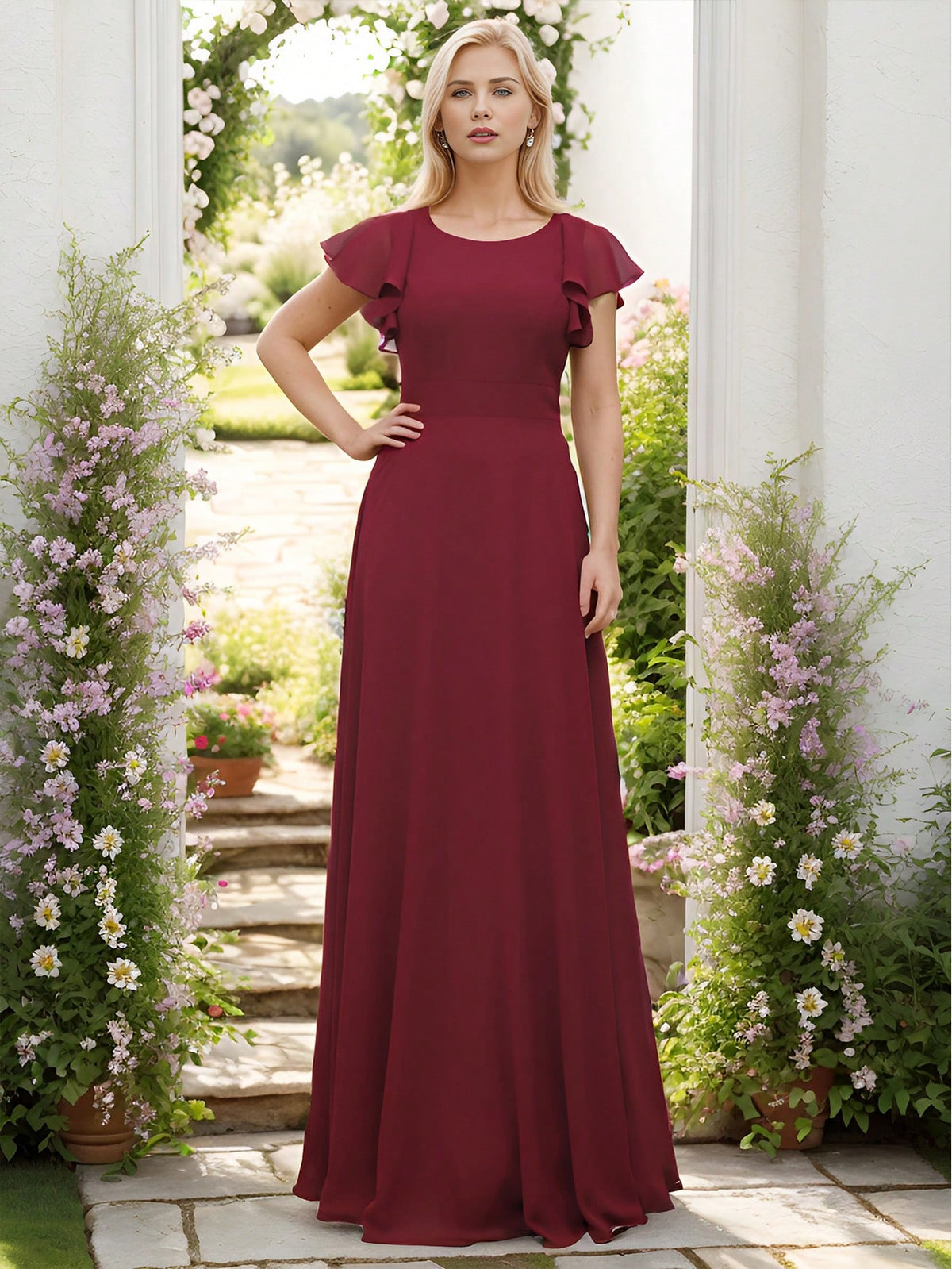 EVER-PRETTY Elegant Backless Tie Strap Ruffle Sleeve Bridesmaid Gown