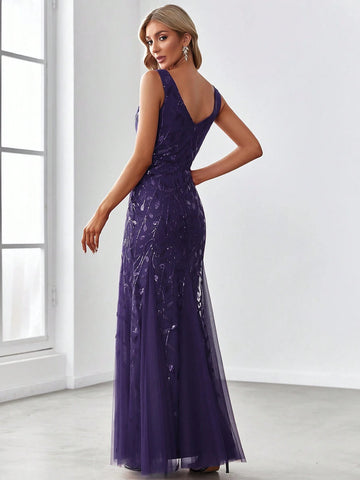 EVER-PRETTY Sequin Deep V-Neck Mermaid Evening Dress With Net Tulle Patchwork