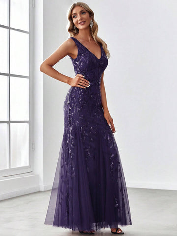 EVER-PRETTY Sequin Deep V-Neck Mermaid Evening Dress With Net Tulle Patchwork