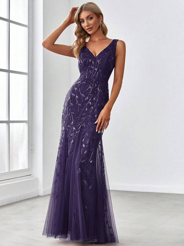 EVER-PRETTY Sequin Deep V-Neck Mermaid Evening Dress With Net Tulle Patchwork