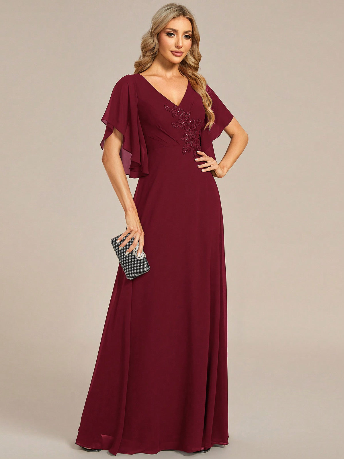 EVER-PRETTY Elegant Bridesmaid Dress With Applique And Ruffled Sleeves