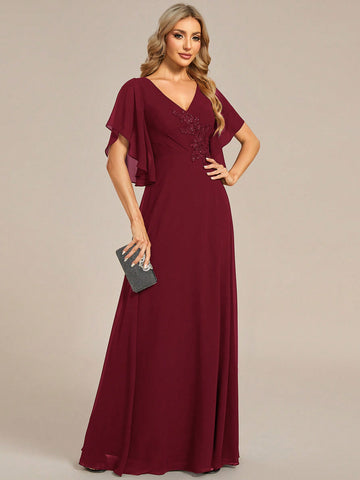 EVER-PRETTY Elegant Bridesmaid Dress With Applique And Ruffled Sleeves