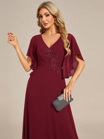 EVER-PRETTY Elegant Bridesmaid Dress With Applique And Ruffled Sleeves