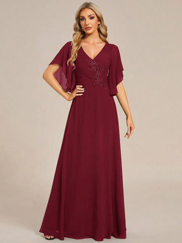 EVER-PRETTY Elegant Bridesmaid Dress With Applique And Ruffled Sleeves