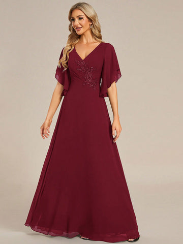 EVER-PRETTY Elegant Bridesmaid Dress With Applique And Ruffled Sleeves
