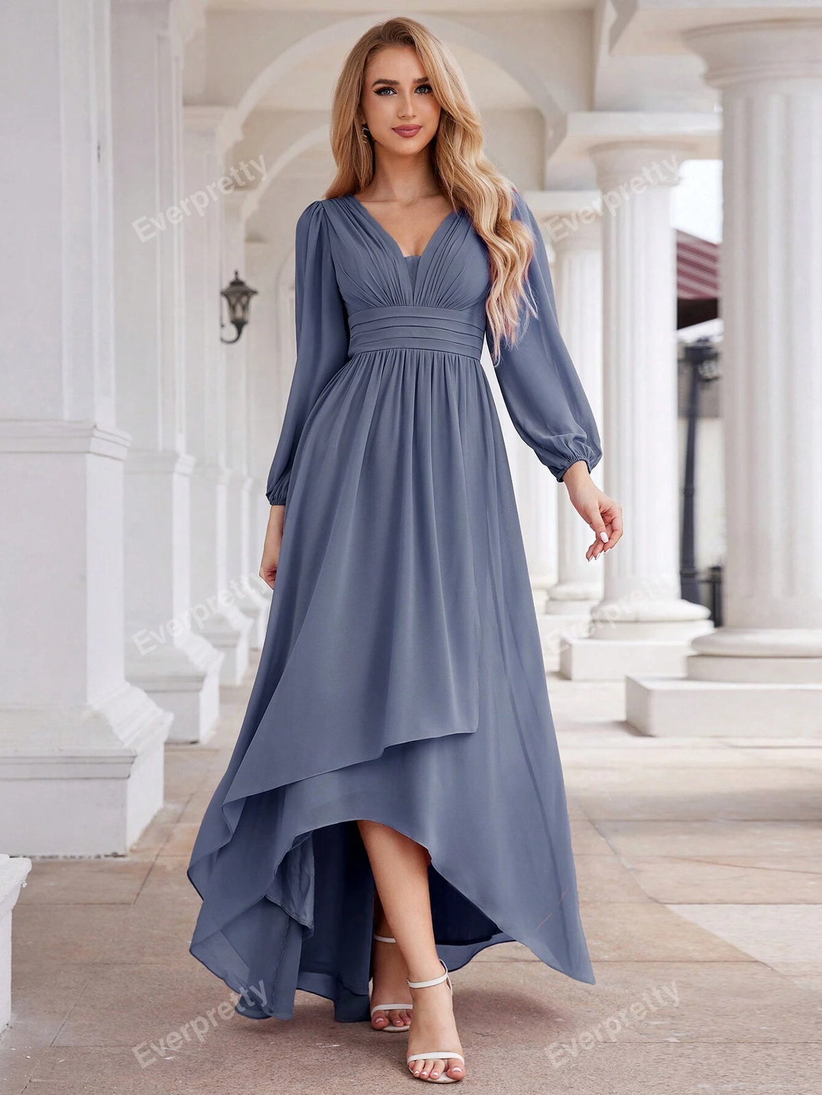 EVER-PRETTY Elegant Chiffon Deep V-Neck Bridesmaid Gown With Lantern Sleeves