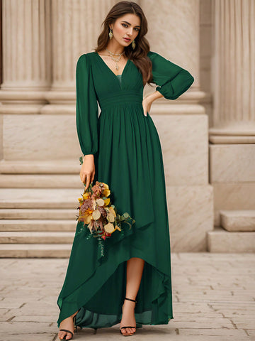 EVER-PRETTY Elegant Chiffon Deep V-Neck Bridesmaid Gown With Lantern Sleeves