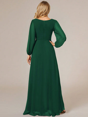 EVER-PRETTY Elegant Chiffon Deep V-Neck Bridesmaid Gown With Lantern Sleeves