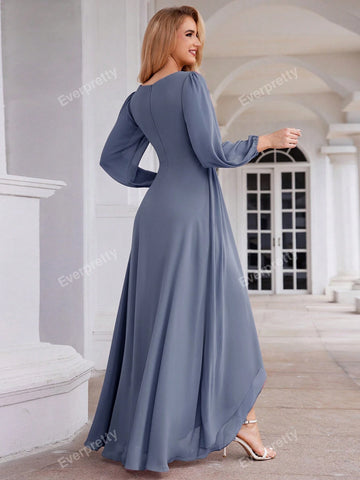 EVER-PRETTY Elegant Chiffon Deep V-Neck Bridesmaid Gown With Lantern Sleeves