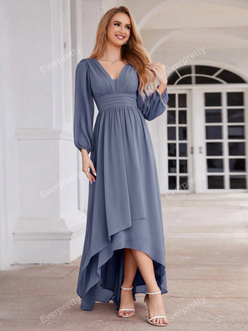 EVER-PRETTY Elegant Chiffon Deep V-Neck Bridesmaid Gown With Lantern Sleeves