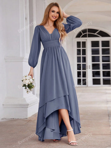 EVER-PRETTY Elegant Chiffon Deep V-Neck Bridesmaid Gown With Lantern Sleeves