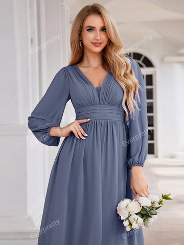 EVER-PRETTY Elegant Chiffon Deep V-Neck Bridesmaid Gown With Lantern Sleeves