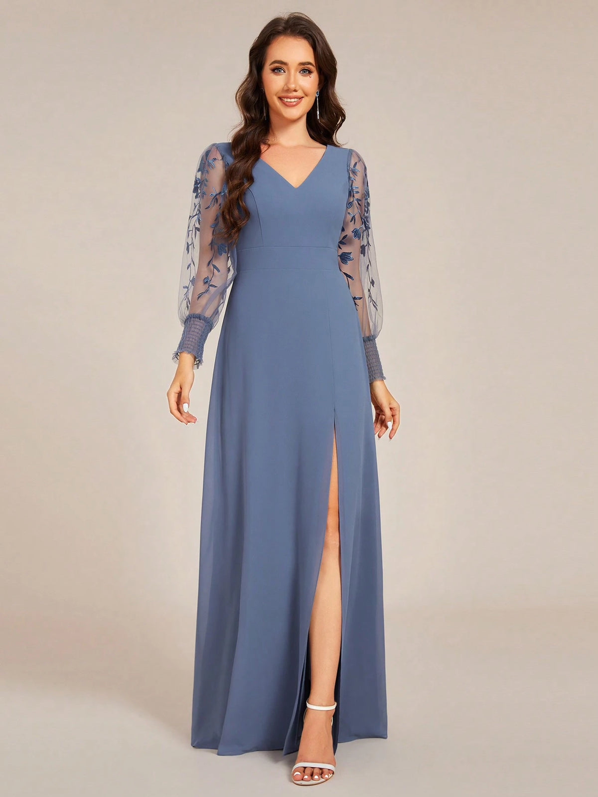 EVER-PRETTY Elegant Chiffon High Slit Lantern Sleeve Embroidery Bridesmaid Dress