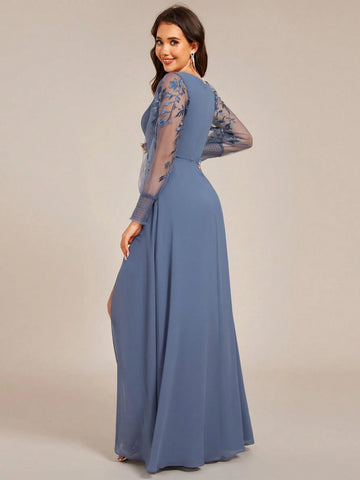 EVER-PRETTY Elegant Chiffon High Slit Lantern Sleeve Embroidery Bridesmaid Dress