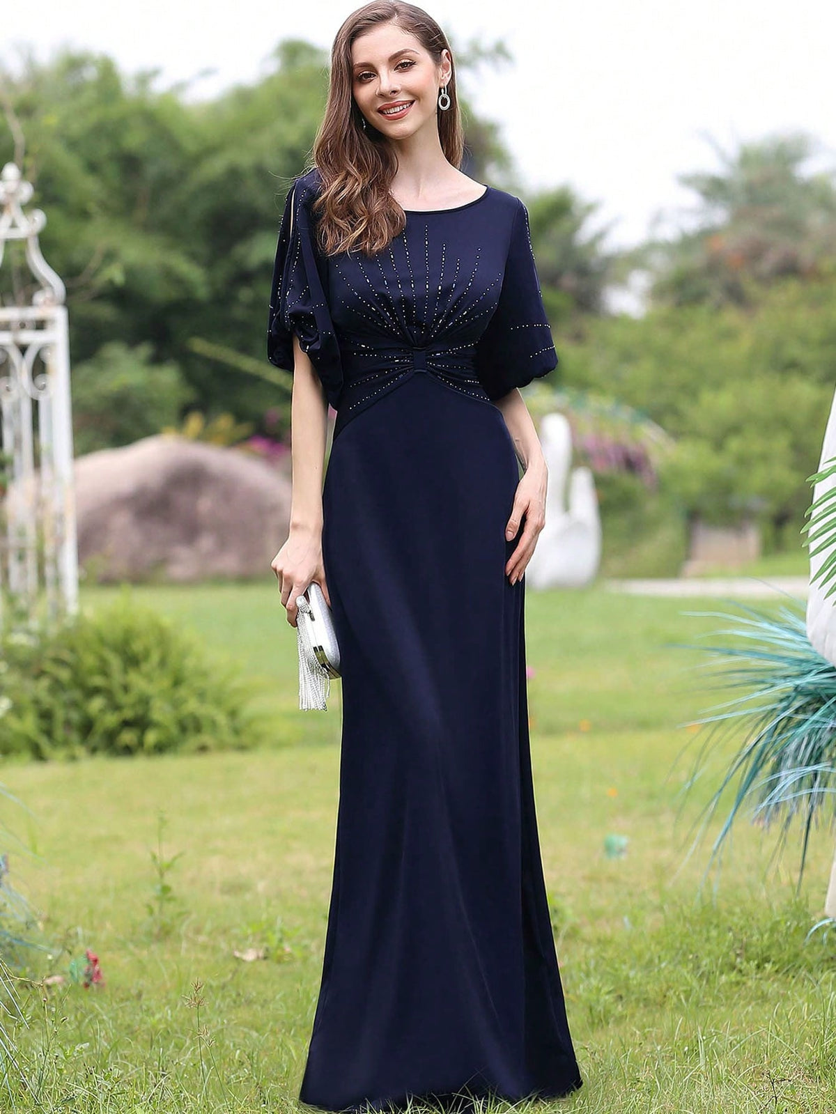 EVER-PRETTY Elegant Crystal Embellished Cinched Waist Round Neck Midi Bridesmaid Dress