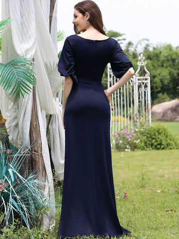 EVER-PRETTY Elegant Crystal Embellished Cinched Waist Round Neck Midi Bridesmaid Dress