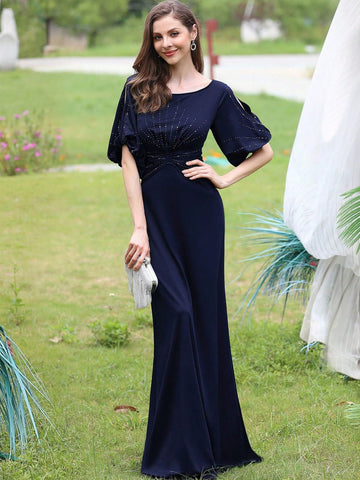 EVER-PRETTY Elegant Crystal Embellished Cinched Waist Round Neck Midi Bridesmaid Dress