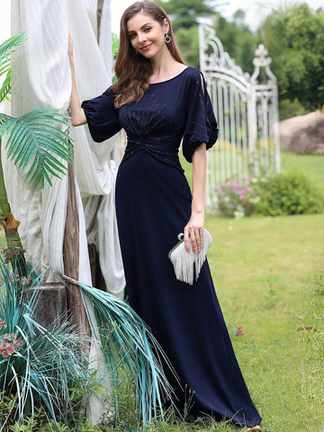 EVER-PRETTY Elegant Crystal Embellished Cinched Waist Round Neck Midi Bridesmaid Dress