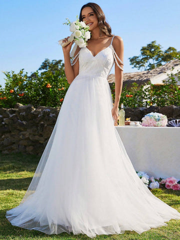 EVER-PRETTY Elegant Embroidered Lace Mesh & Pearl Patchwork Shoulder Strap Wedding Dress