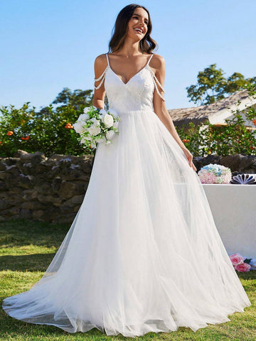EVER-PRETTY Elegant Embroidered Lace Mesh & Pearl Patchwork Shoulder Strap Wedding Dress