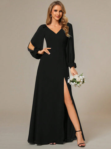 EVER-PRETTY Elegant High Slit Lantern Sleeve Evening Formal Dress