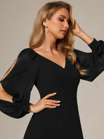 EVER-PRETTY Elegant High Slit Lantern Sleeve Evening Formal Dress