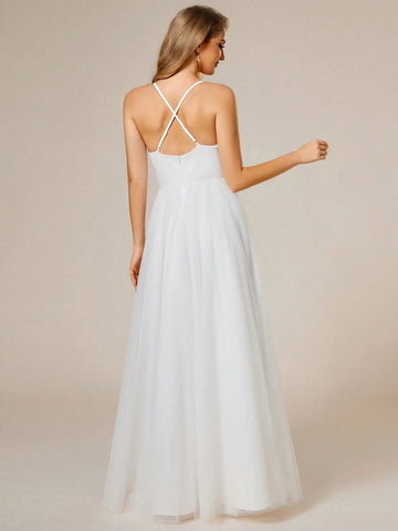 EVER-PRETTY Elegant Lace & Mesh Patchwork Convertible Wedding Dress With Open Back