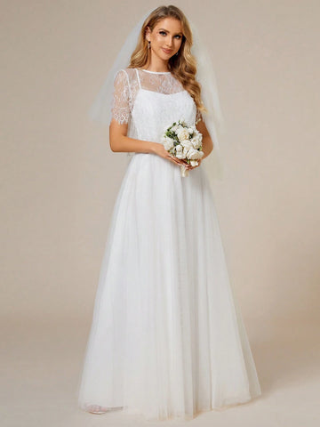 EVER-PRETTY Elegant Lace & Mesh Patchwork Convertible Wedding Dress With Open Back