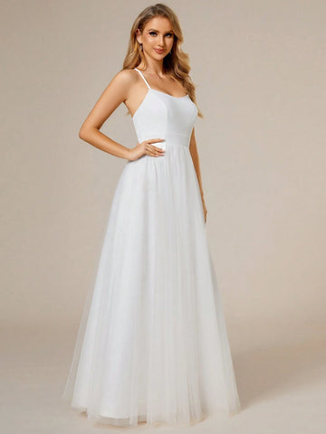 EVER-PRETTY Elegant Lace & Mesh Patchwork Convertible Wedding Dress With Open Back