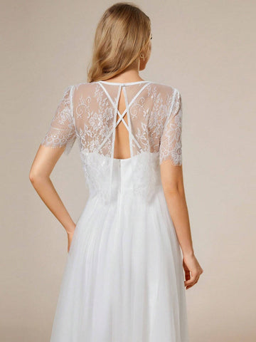 EVER-PRETTY Elegant Lace & Mesh Patchwork Convertible Wedding Dress With Open Back