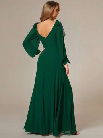 EVER-PRETTY Elegant Lantern Sleeve Dress With Bowknot And Slit Design For Bridesmaid