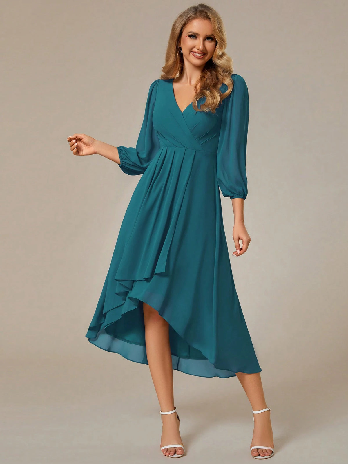 EVER-PRETTY Solid Color V-Neck Long Sleeve Minimalist Elegant Bridesmaid Dress