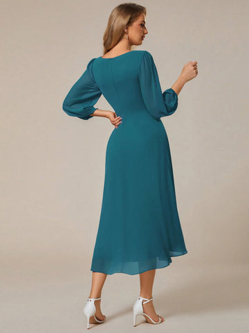 EVER-PRETTY Solid Color V-Neck Long Sleeve Minimalist Elegant Bridesmaid Dress