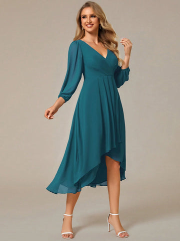EVER-PRETTY Solid Color V-Neck Long Sleeve Minimalist Elegant Bridesmaid Dress