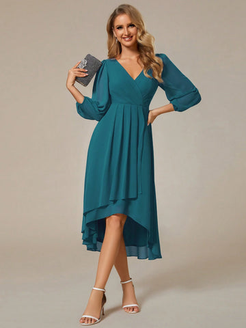 EVER-PRETTY Solid Color V-Neck Long Sleeve Minimalist Elegant Bridesmaid Dress
