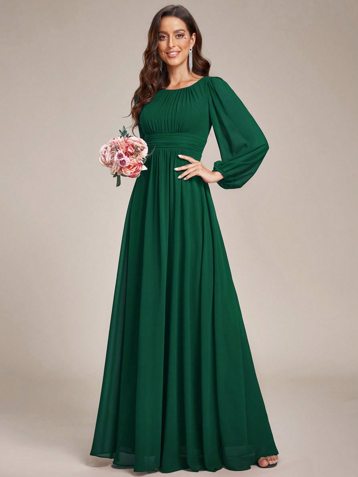 EVER-PRETTY Elegant Long Sleeves Chiffon Bridesmaid Dress With Lantern Sleeves