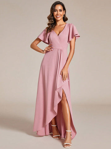 EVER-PRETTY Elegant Off-The-Shoulder V-Neck Shiny Bridesmaid Dress With Ruffle Sleeve