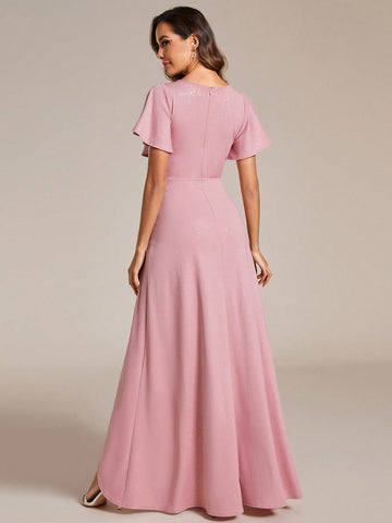 EVER-PRETTY Elegant Off-The-Shoulder V-Neck Shiny Bridesmaid Dress With Ruffle Sleeve