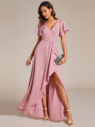 EVER-PRETTY Elegant Off-The-Shoulder V-Neck Shiny Bridesmaid Dress With Ruffle Sleeve